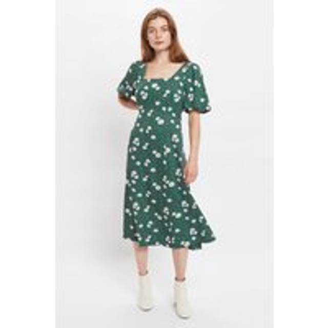 Louche Nadine Roaring Daisy Print Square Neck Balloon Sleeve Midi Dress - Green