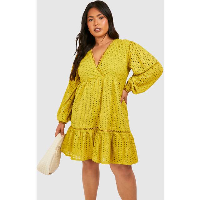 Womens Plus Woven Broderie V Neck Long Sleeve Smock Dress - Green - 28, Green