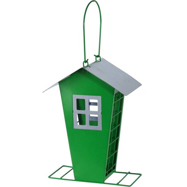 (Green) Hanging Bird Feeder Metal Beach Hut Wild Nuts Fat Ball Garden Feeding Station