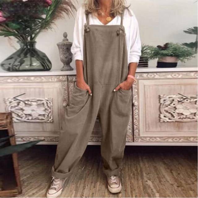 (Khaki, L) Womens Sleeveless Solid Jumpsuit Dungaree Ladies Solid Loose Rompers Overalls