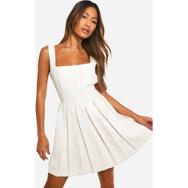 Womens Boucle Pleated Mini Dress - White - 18, White