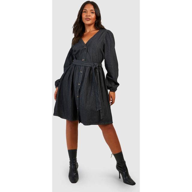 Womens Plus Denim Belted Skater Dress - Black - 24, Black