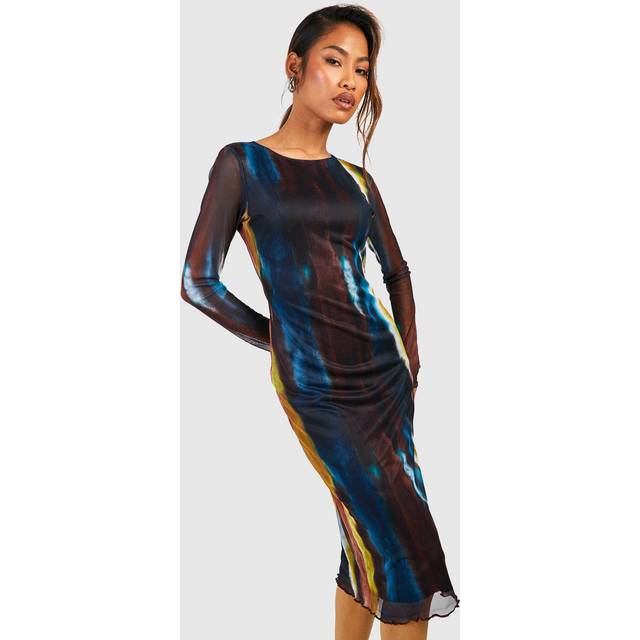 Womens Printed Mesh Long Sleeve Bodycon Dress - Blue - 14, Blue