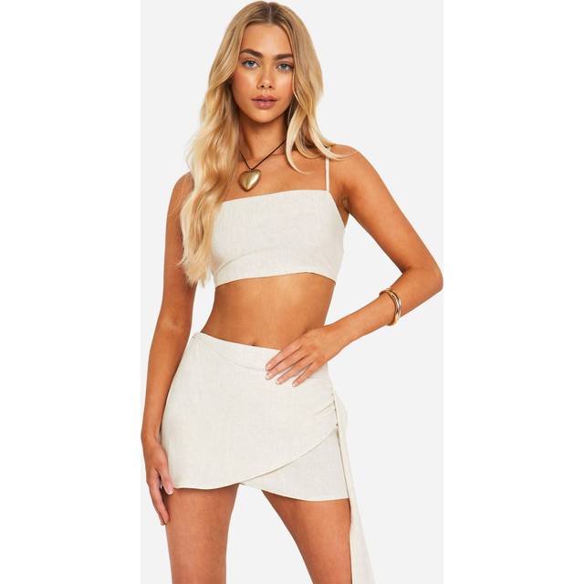Womens Wrap Linen Look Mini Skirt - Beige - 14, Beige