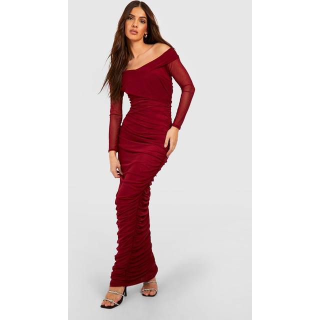 Womens Rouched Mesh Off The Shoulder Maxi Dress - Maroon - 8
