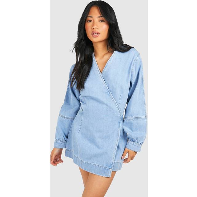 Womens Petite Volume Sleeve Denim Wrap Dress - Blue - 10