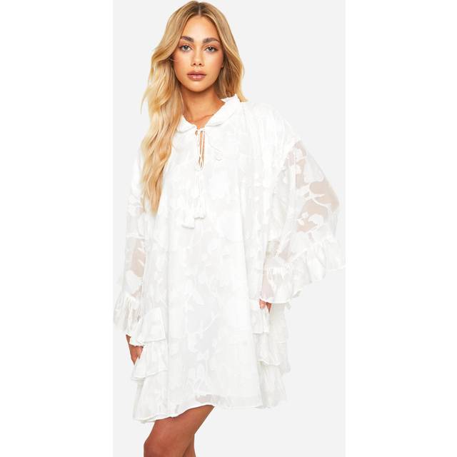 Womens Textured Floral Ruffle Detail Smock Mini Dress - White - 16, White