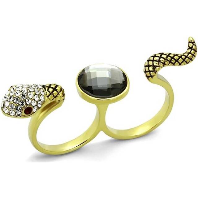 IP Gold Ion Plating Stainless Steel Ring with Synthetic Glass Bead, Black Diamond - Size 6