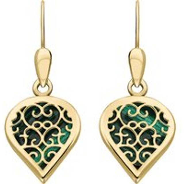 18ct Yellow Gold Malachite Flore Filigree Heart Drop Earrings