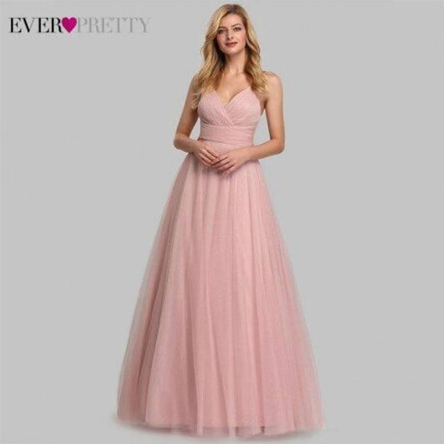 (Blush) Cute Pink Bridesmaid Dresses For Women Ever Pretty EP07905PK A-Line V-Neck Tulle Sparkle Wedding Guest Dresses Sukienki Weselne