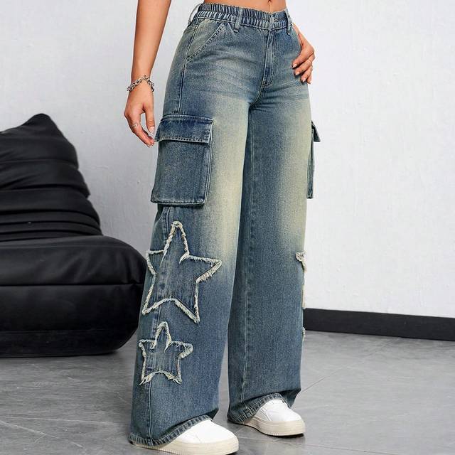 SHEIN Women&#39;s Casual Loose Fit Wide Leg Jeans With Pocket And Star Patchwork, Suitable For Daily Wear And Travel