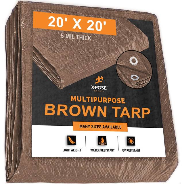 Multipurpose Protective Cover Brown Poly Tarp 20' x 20' - Durable  Water Resistant  Weather Resistant - 5 Mil Thick Polyethylene - by Xpose Safety