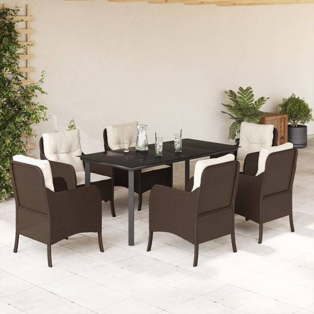 vidaXL Garden Dining Set 7 Piece with Cushions Dining Chair Brown Poly Rattan