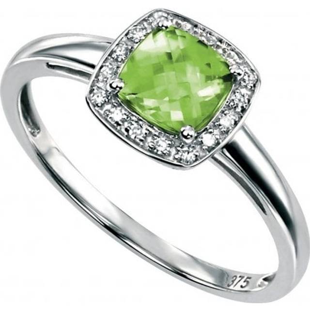 Elements Gold 9CT White Gold Cushion Cut Peridot Pave Diamond Ring GR509G / Size 56