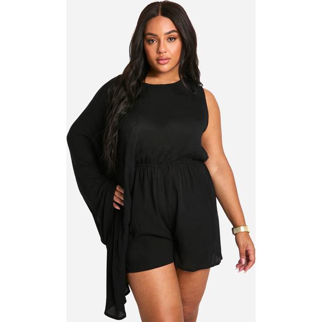 Womens Plus Cheesecloth One Shoulder Flippy Playsuit - Black - 26