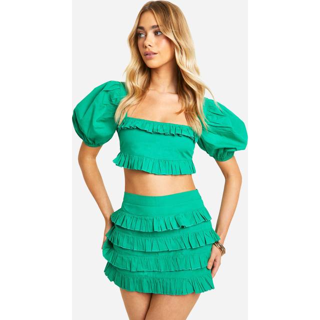 Womens Cotton Poplin Ruffle Mini Skirt - Green - 12, Green