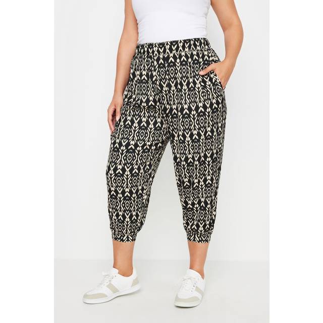 Yours Curve Black Ikat Print Textured Cropped Harem Trousers, Women's Curve & Plus Size, Yours - 22-24
