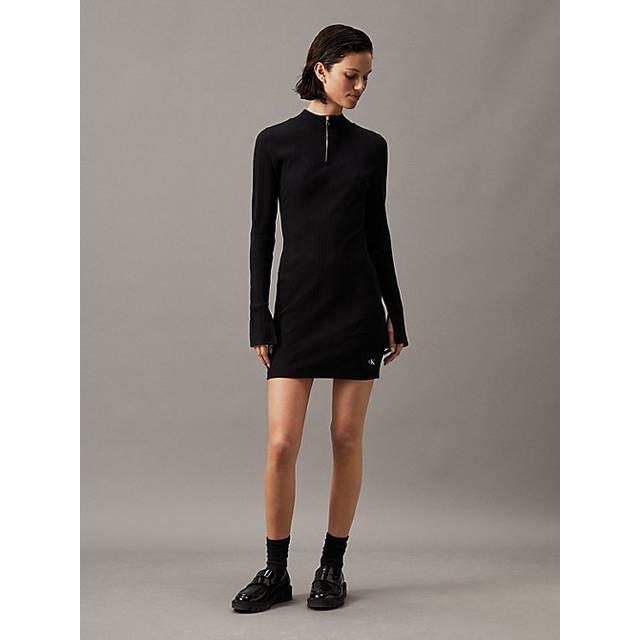 Cotton Bodycon Mini Dress with CK Logo and Long Sleeves - Black