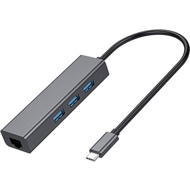 NÖRDIC USB C till Ethernet 100 Mbps nätverksadapter med 3xUSB 3.1 hubb, 17cm, Aluminium Space Grey