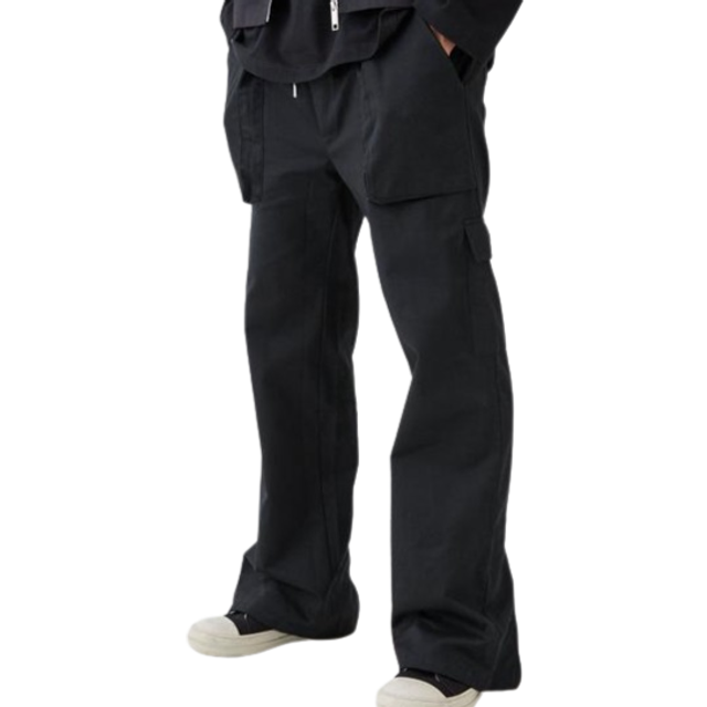 Mens Black Elasticated Waist Zip Hem Flared Cargo Trousers