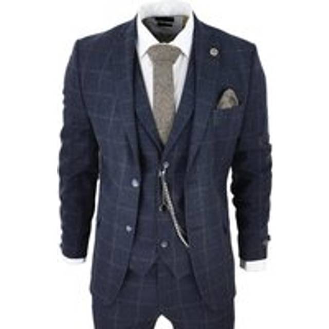 3 Piece Suit Wool Tweed Herringbone - Navy - 40R