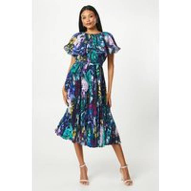 Detachable Pleated Cape Detail Midi Wedding Guest Dress - Multi - 8