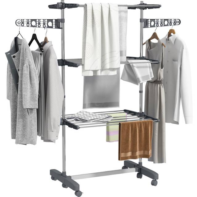 HOMCOM 3-Tier Clothes Airer, Foldable Clothes Drying Rack, Stainless Steel Indoor and Outdoor Clothes Dryer with Wheels and Wings, Easy Assembly, 142