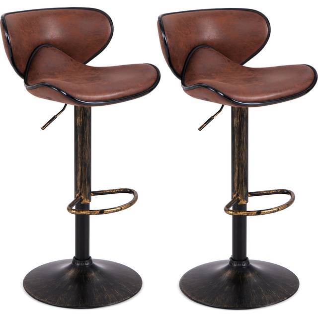 Upholstered Height-adjustable Bar Stools Set of 2 with Backrest and Metal Frame-Rustic Brown