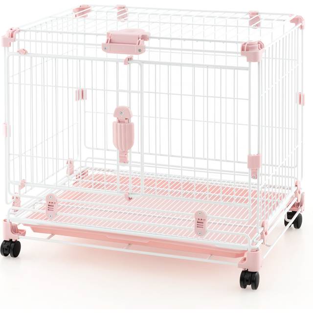 Costway Folding Dog Kennel with Double Lockable Door and Wheels - Pink - 66 x 49 x 15cm