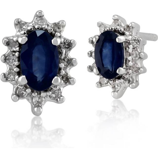 Classic Oval Light Blue Sapphire & Diamond Cluster Stud Earrings in 9ct White Gold