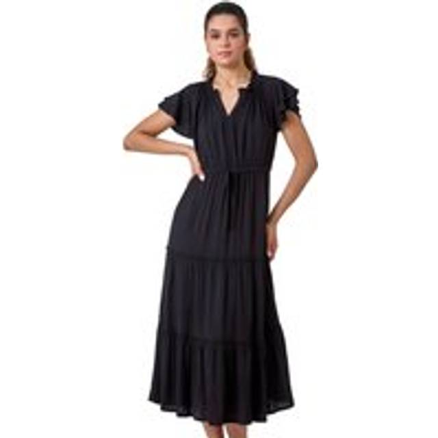 Frill Detail Tiered Midi Dress - Black - 10