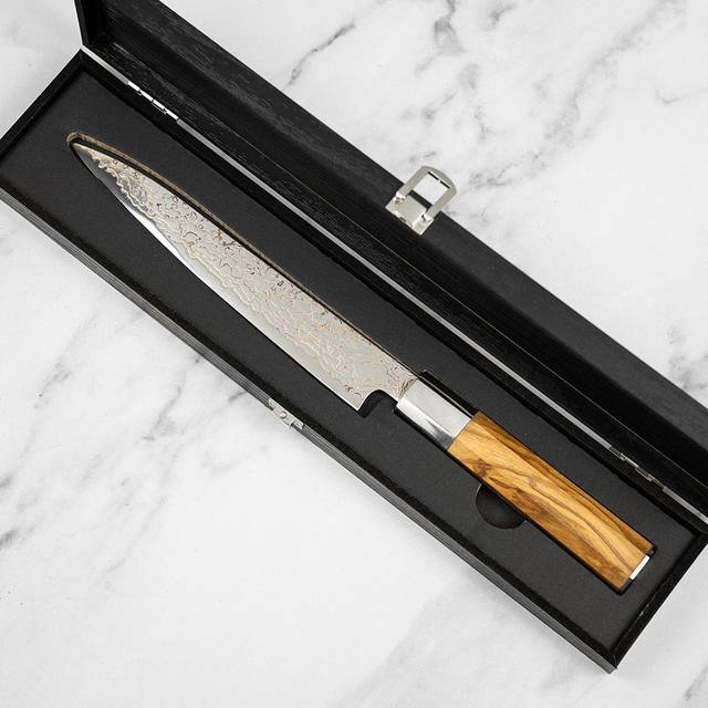 Katana Saya Flame 20cm Damascus Carving Knife - can be Engraved or Personalised - Olive Wood