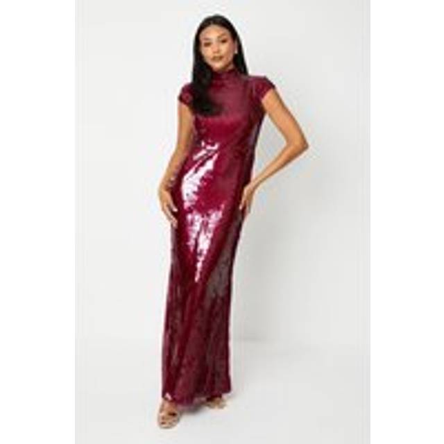 Clear Sequin High Neck Maxi Dress - Red - 10