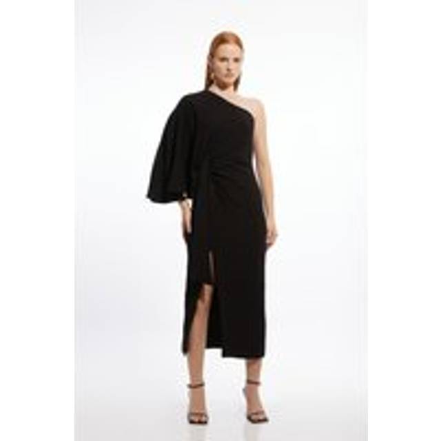 Compact Stretch Viscose Drape Sleeve One Shoulder Tailored Maxi Dress - Black