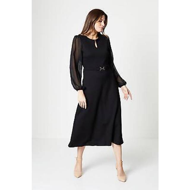 Womens Ponte A-line Midi Dress With Chiffon Sleeves - Black - 10