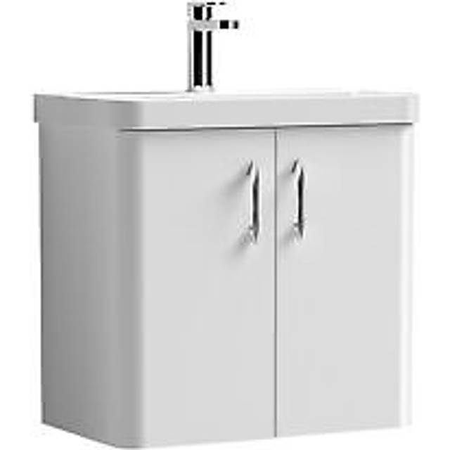Curve Wall Hung 2 Door Vanity Basin Unit - 600mm - Gloss White with Chrome D Shape Handles (Tap Not Included)