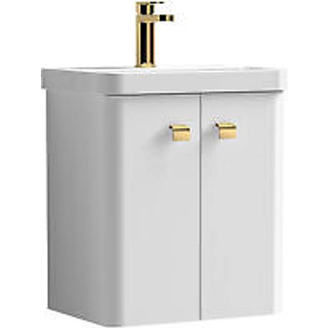 Curve Wall Hung 2 Door Vanity Basin Unit - 500mm - Gloss White with Brushed Brass Drop Handles (Tap Not Included)