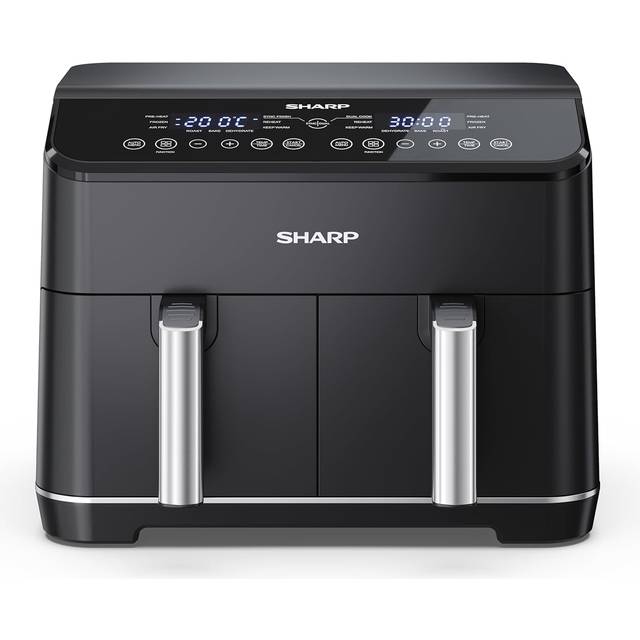 SHARP AF-GD82AE-B varmluftsfritös med 2 fack, 2 x 4 l med digital styrning – pekskärmsfunktion, 12 program, 1 800 W, svart, bakning utan olja, B: 39,5 cm x H: 30,5 cm x D: 36,2 cm