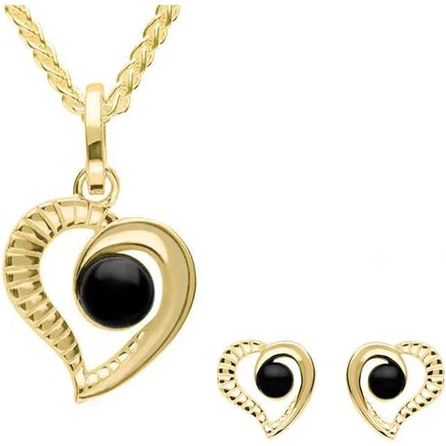 9ct Yellow Gold Whitby Jet Ridged Heart Two Piece Set - Yellow Gold