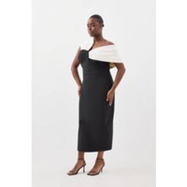 Plus Size Figure Form Bandage Knit Asymmetric Strap Midi Dress - Black