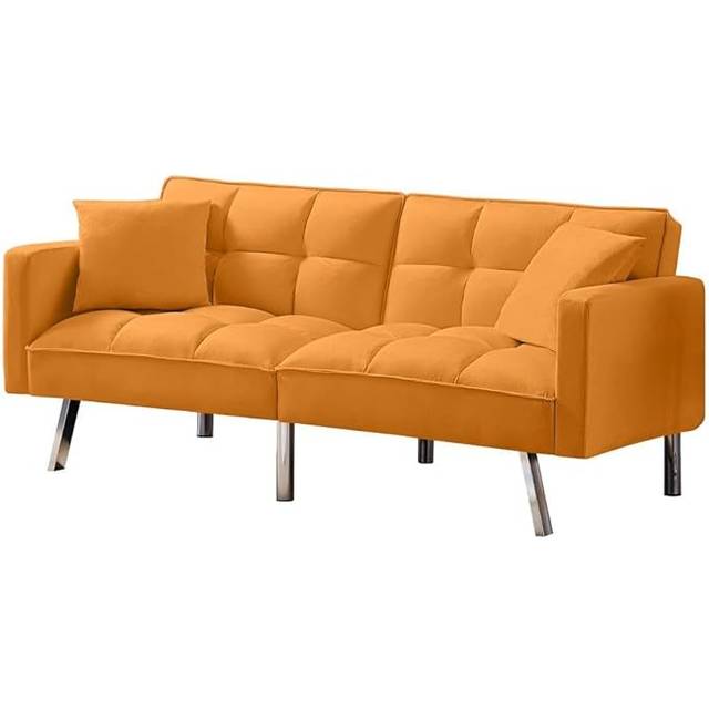 Kosy Koala - Sofa Bed 2 Seater Yellow Velvet Click Clack Sofa Settee Recliner Couch with Metal Legs with 2 Pillows