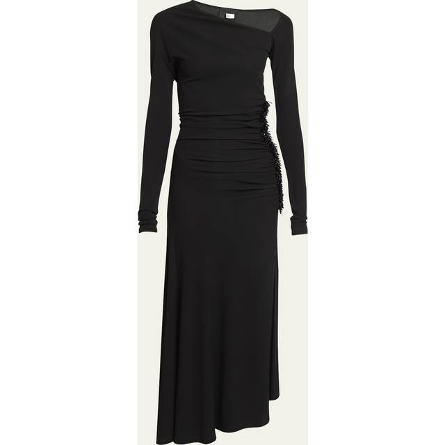 Off-Shoulder Asymmetric Midi Dress with Beaded Detail - BLACK - 36 FR (4 US)