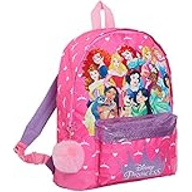 Disney Princess ryggsäck med alla officiella prinsessor flickor stor skola ryggsäck rosa glitter lunchväska, Rosa, en storlek