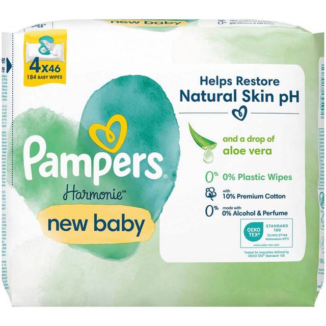 Pampers Harmonie New Baby Wipes Plastic Free 4 Packs = 184 Wipes