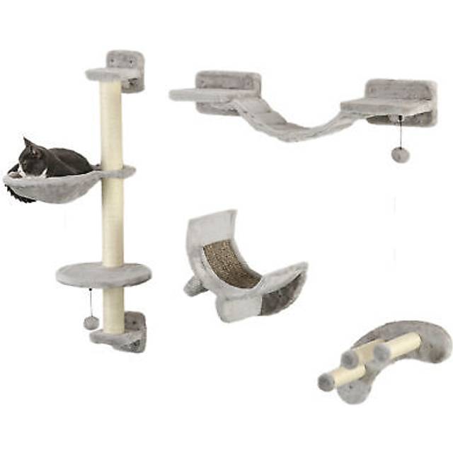 Pawhut 4-piece cat wall furniture w/ hammock, ladder, platforms - grey