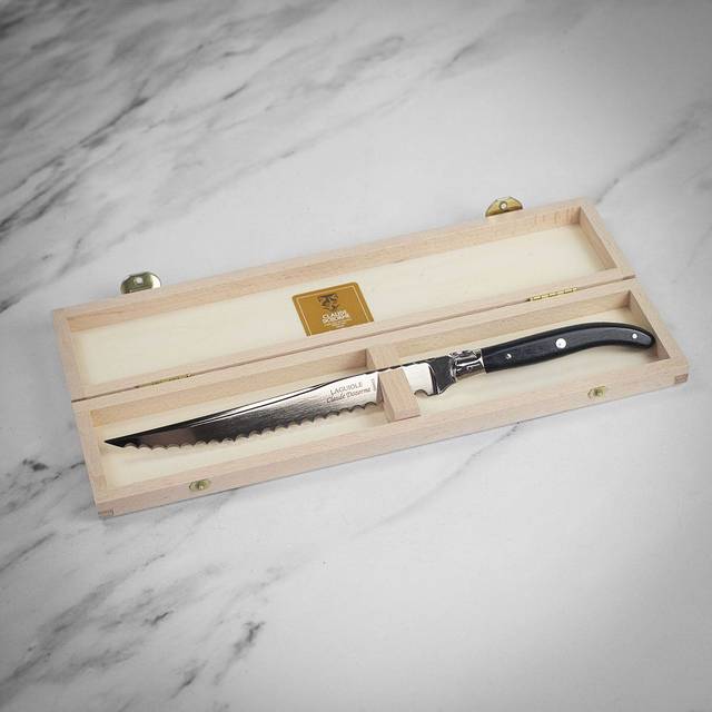 Claude Dozorme Laguiole Bread Knife in Gift Box Ebony Handle and Stainless Steel Bolsters - can be Engraved or Personalised - Black