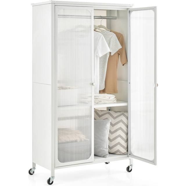 Costway 2 Door White Wardrobe with Wheels