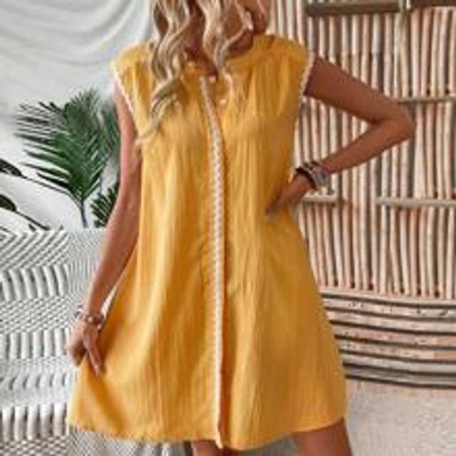 Damsemester Casual ärmlös kontrastvävd tejp texturerad klänning - Orange (L,M,S,XS)
