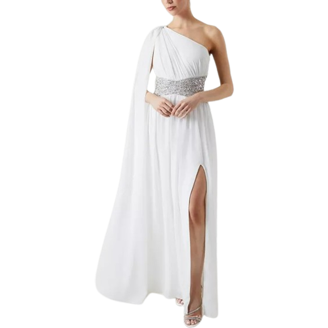 Chiffon Cape Sleeve Wedding Dress With Beaded Waistband - Ivory - 12