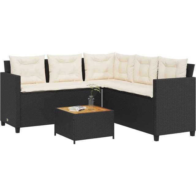 (black, wood) vidaXL Garden Sofa with Table and Cushions Outdoor L-shaped Sofa Poly Rattan